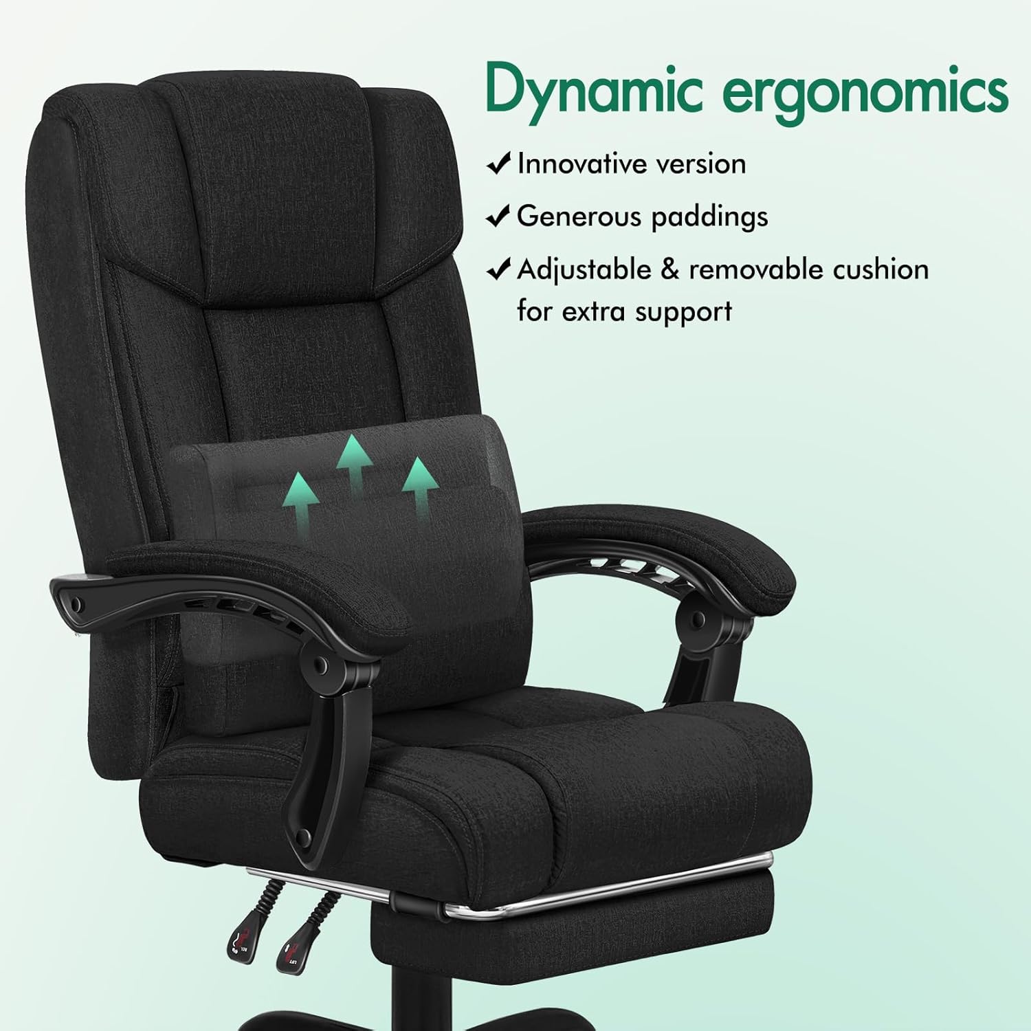 ELFORDSON Office Chair with Lumbar Cushion, Ergonomic Gaming Chairs with Footrest, High Back Heavy-duty Chair, 150° Backrest Recliner, Adjustable Height, Swivel, Linen, Black