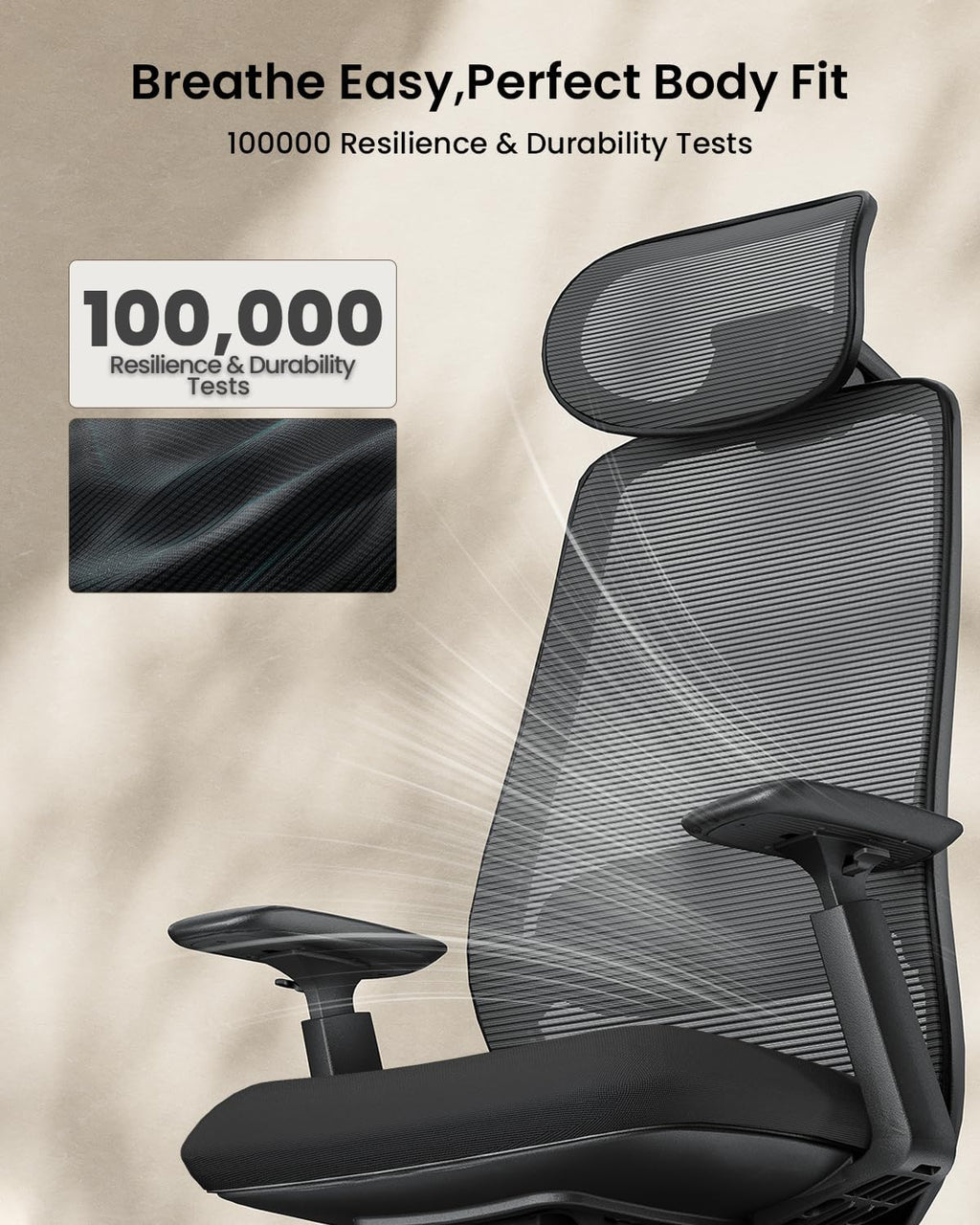 ProtoArc EC200 Ergonomic Office Chair - High Back Computer Desk Chair with 2-Way Adjustable Lumbar Support, Seat Depth & 3D Headrest, Mesh Swivel Desk Chair for Home & Office, Black