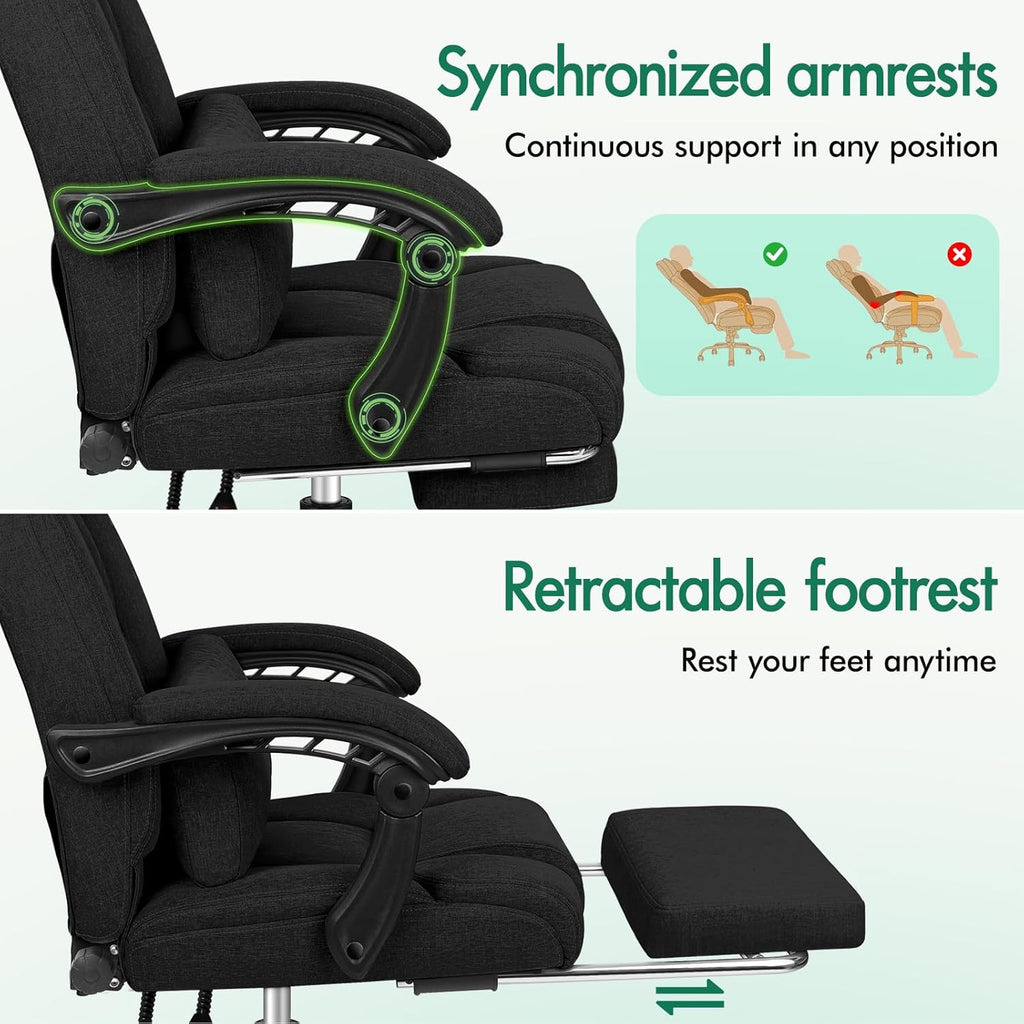 ELFORDSON Office Chair with Lumbar Cushion, Ergonomic Gaming Chairs with Footrest, High Back Heavy-duty Chair, 150° Backrest Recliner, Adjustable Height, Swivel, Linen, Black