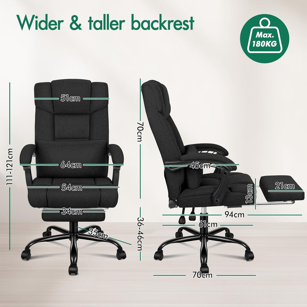 ELFORDSON Office Chair with Lumbar Cushion, Ergonomic Gaming Chairs with Footrest, High Back Heavy-duty Chair, 150° Backrest Recliner, Adjustable Height, Swivel, Linen, Black