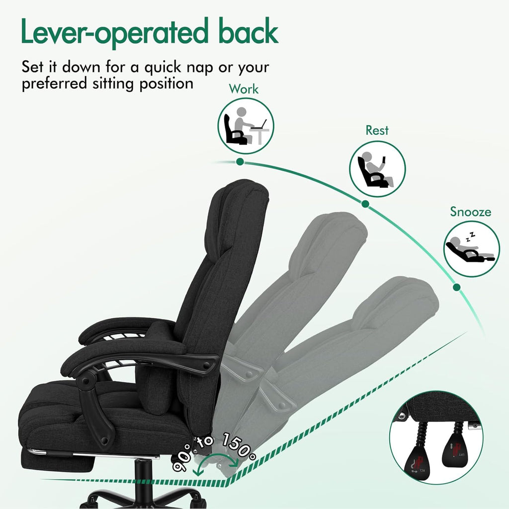 ELFORDSON Office Chair with Lumbar Cushion, Ergonomic Gaming Chairs with Footrest, High Back Heavy-duty Chair, 150° Backrest Recliner, Adjustable Height, Swivel, Linen, Black