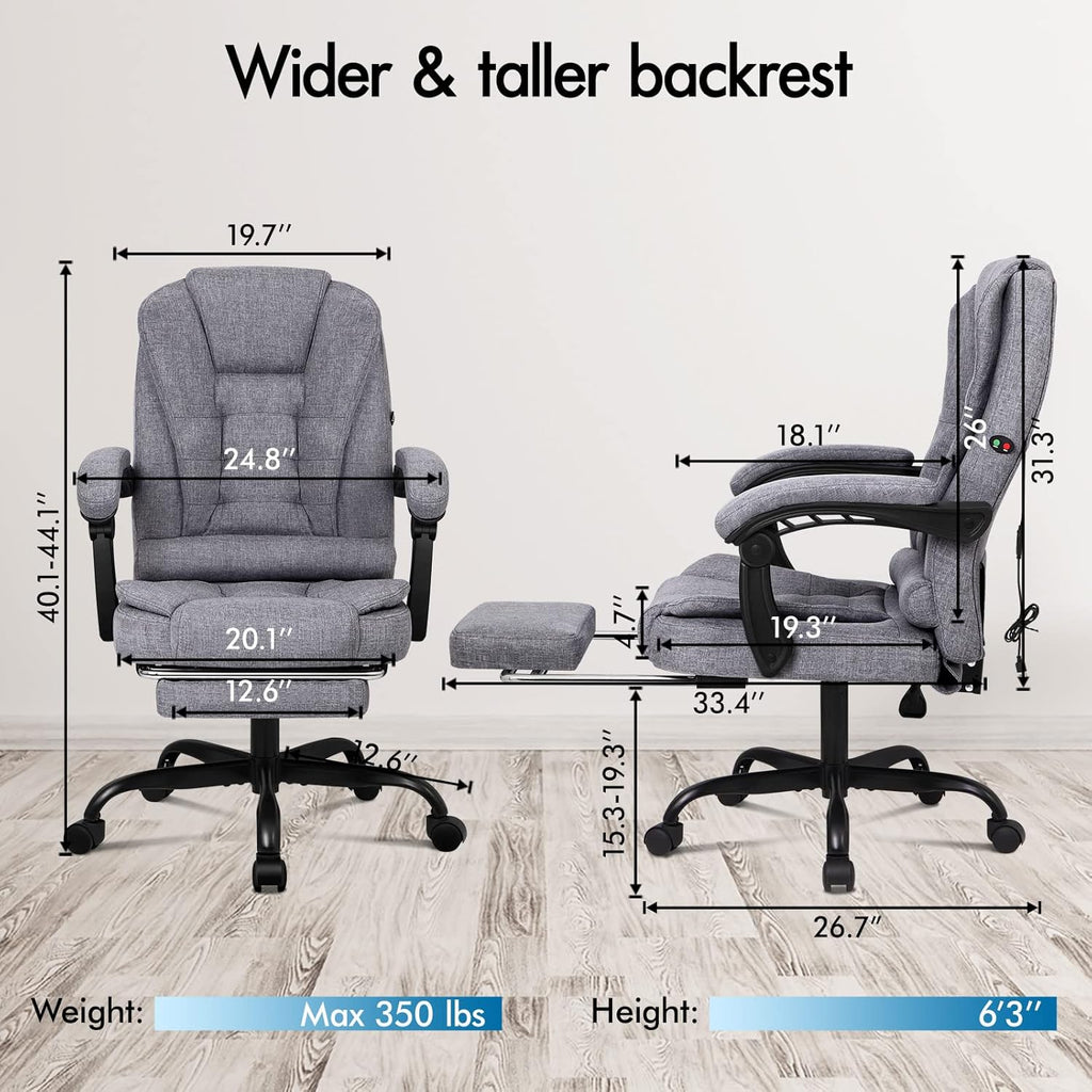 ELFORDSON Massage Office Chair for Home Office, Desk Chair 77 cm High Back 150° Recliner Tilt Function Padded Swivel Fabric, Grey