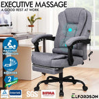 ELFORDSON Massage Office Chair for Home Office, Desk Chair 77 cm High Back 150° Recliner Tilt Function Padded Swivel Fabric, Grey