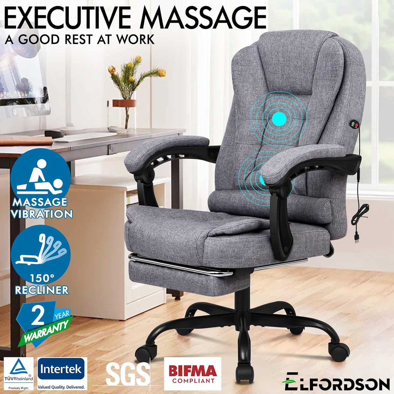 ELFORDSON Massage Office Chair for Home Office, Desk Chair 77 cm High Back 150° Recliner Tilt Function Padded Swivel Fabric, Grey