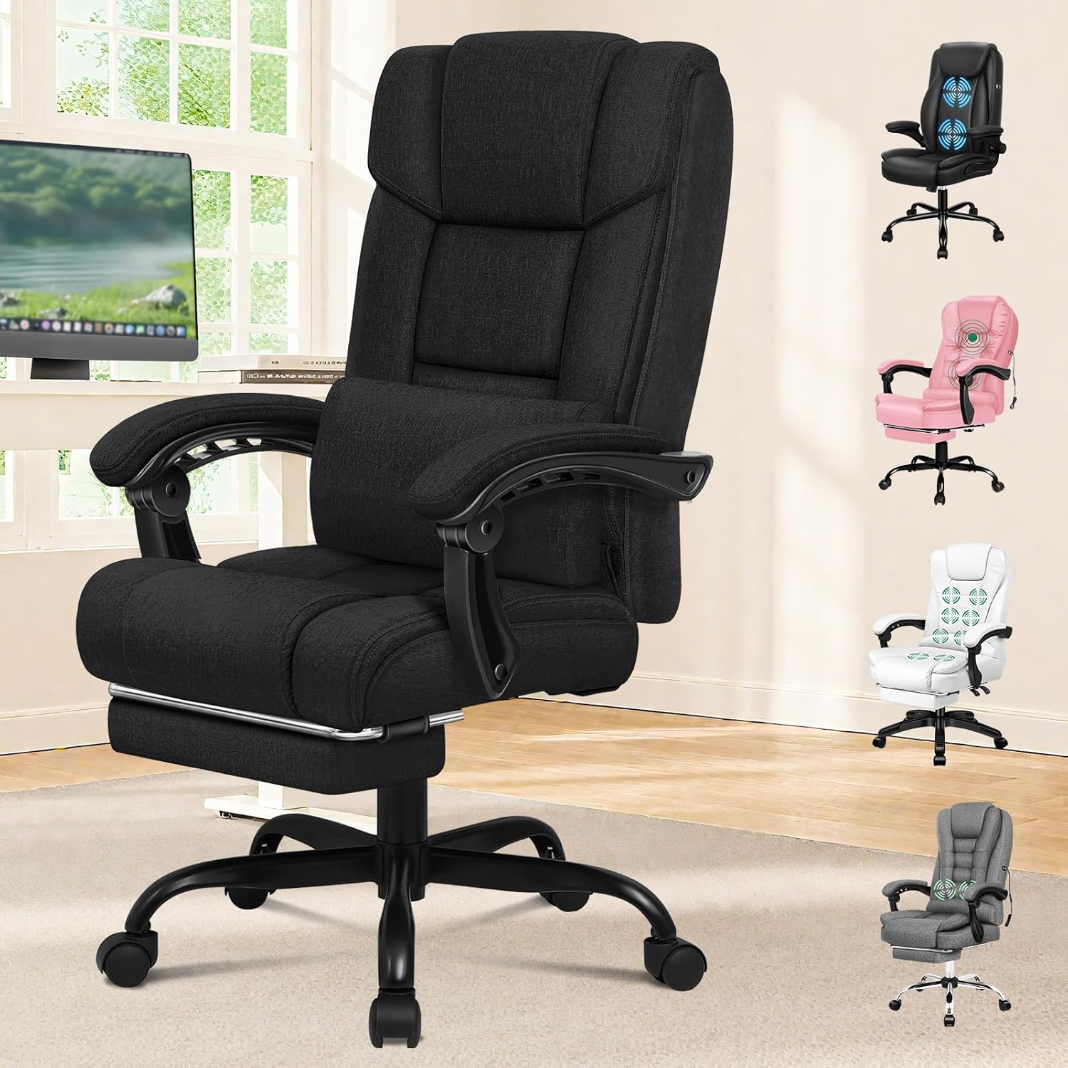 ELFORDSON Office Chair with Lumbar Cushion, Ergonomic Gaming Chairs with Footrest, High Back Heavy-duty Chair, 150° Backrest Recliner, Adjustable Height, Swivel, Linen, Black